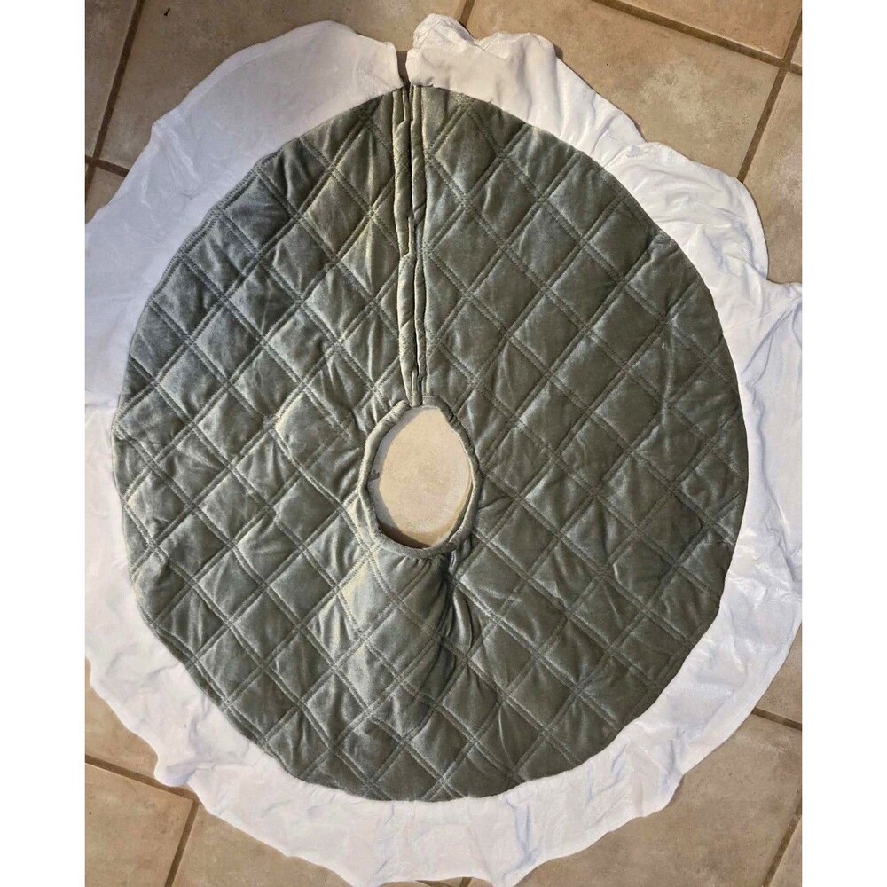 Green White Quilted Velvet Round Christmas Tree Skirt Solid Plain Decor